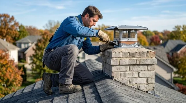 Stainless cap being installed on a chimney