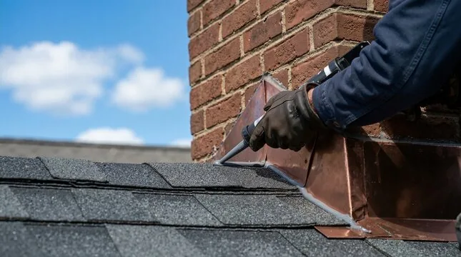 Sealing copper flashing where a brick chimney meets the roof