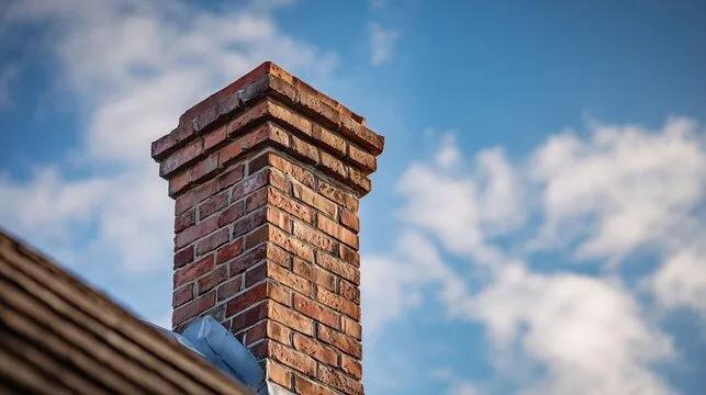 Corbelled red brick chimney stack against a blue sky