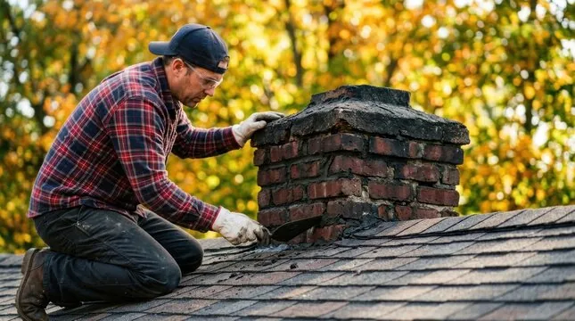 Mason kneeling by a deteriorated chimney crown on a roof