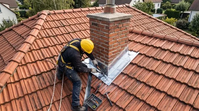Harnessed roofer installing chimney flashing