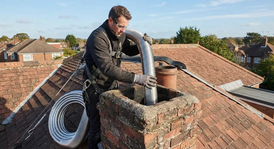 Technician in a harness feeding a stainless liner down a brick chimney