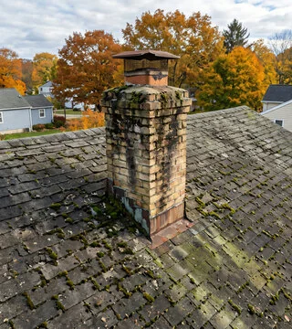 Before: dirty, mossy pale brick chimney on a worn roof
