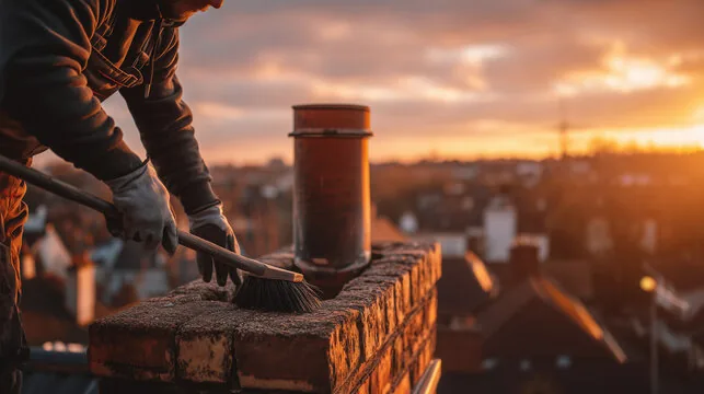 Sweeping a chimney top at sunset above the rooftops